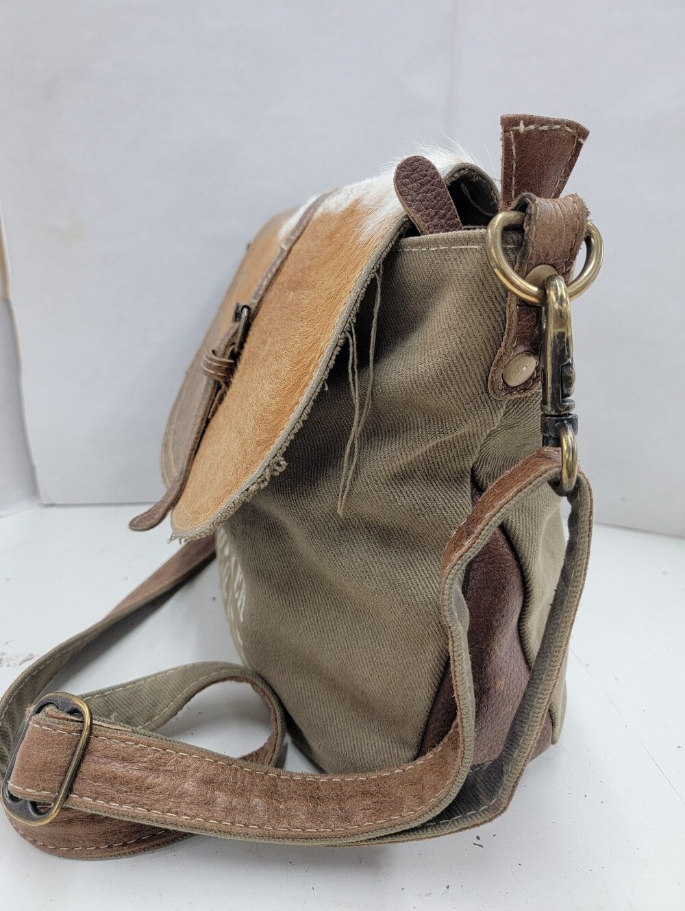 Myra Bag Canvas & Leather Hide Crossbody Bag Upcycled Military Canvas - Picture 6 of 12
